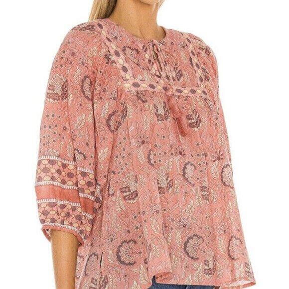 Cleobella Amaryllis Pink Green Boho Blouse Tassel V Neck Small - Picture 1 of 10